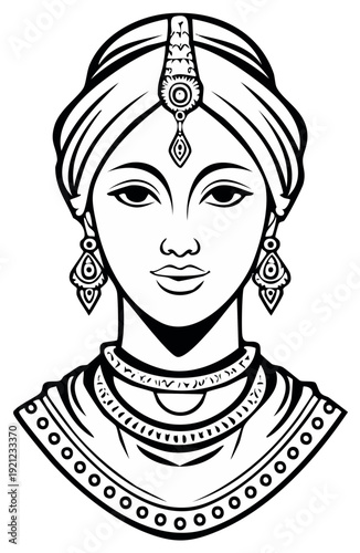Elegant portrait of a woman in a turban with traditional jewelry, intricate black and white line art illustration, cultural heritage.