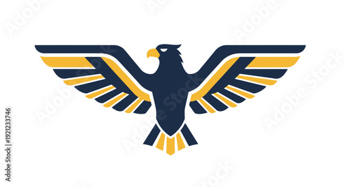 An eagle in flight viewed from below with outstretched wings displaying a bold graphic design on a simple background in a graphic illustration