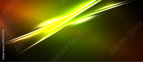 Bright lines intersect over dark background. Vivid yellow, green, orange hues create dynamic abstract composition. Energy radiates from central point.