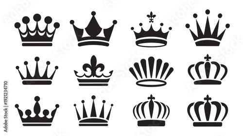 Large collection of black and white crown silhouettes featuring various royal headwear designs from classic tiaras to ornate monarch crowns for regal branding.