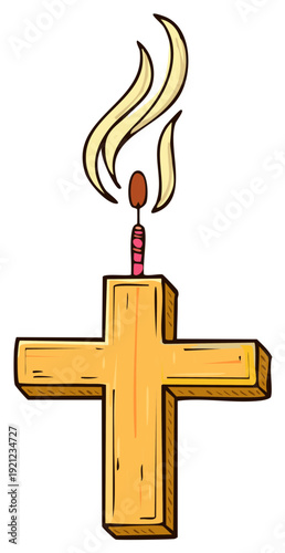Burning wooden Christian cross with fire concept illustration