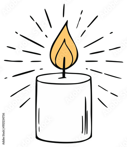 Hand drawn illustration of a single lit candle with radiating light beams in a sketch style