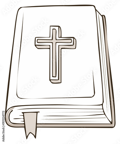 Cartoon drawing of an open Bible with a cross illustration
