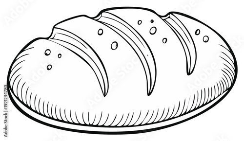 Line drawing of a loaf of bread with scoring marks and seeds on a white background