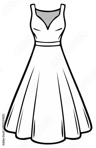 Elegant sleeveless v-neck midi dress with a cinched waist and flowing a-line skirt simple line drawing
