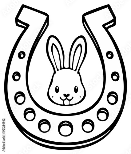 Lucky horseshoe with cute bunny inside black and white illustration