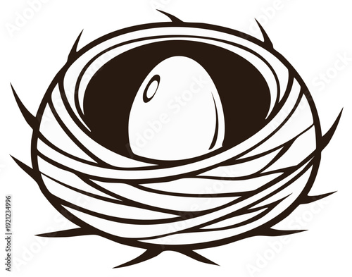 Simple cartoon illustration of a bird's nest with a single egg inside surrounded by thorny twigs