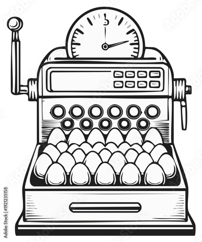 Retro mechanical egg dispenser machine filled with brown eggs, offering a quirky and old-fashioned illustration.