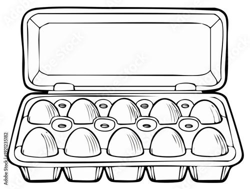 Open egg carton with a dozen eggs, black and white line art illustration.