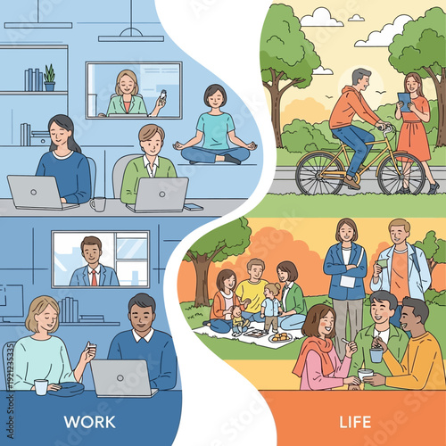 Work life balance concept with people working and relaxing.