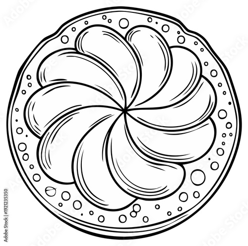 Stylized Line Art Illustration of a Swirled Cream Filled Crêpe or Pancake from Overhead