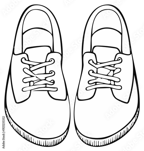 Pair of outlined monochrome casual sneakers, front view, isolated, line art illustration