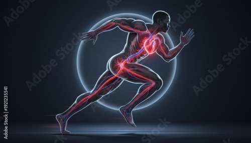 Human Anatomy in Motion: A dynamic illustration showcases the intricate connection of human musculature and circulatory system during the running motion.