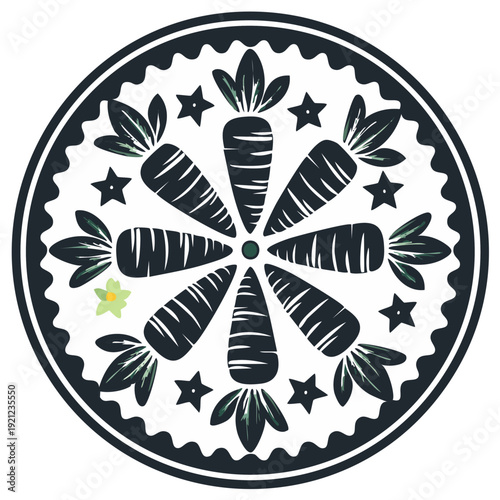 Graphic Carrot Circle Composition, Ornamental vegetable pattern. Abstract food design. Vector vegetable isolated
