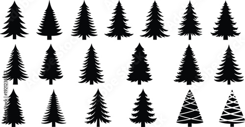 Black silhouettes of various pine spruce and fir trees including Christmas tree shapes with ornaments isolated on white background for nature and winter holiday design