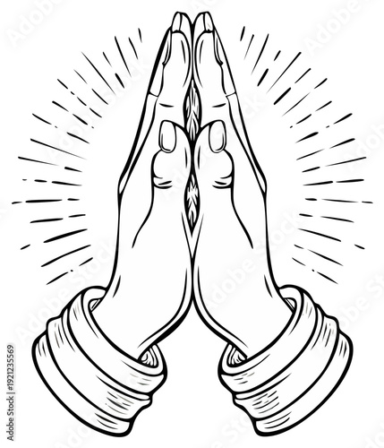 Close up of hands in prayer with emanating light rays for spiritual connection and devotion