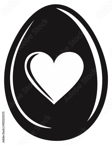 Simple Black Silhouette Easter Egg Icon with White Heart Symbol Inside
