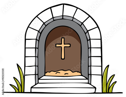 Simple Cartoon Mausoleum Entrance With Cross and Steps