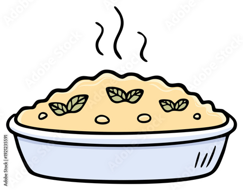 A warm steaming casserole dish filled with a savory meal and garnished with basil leaves, a simple cartoon vector illustration.