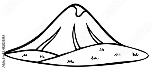 Mountain landscape illustration, black and white outline.