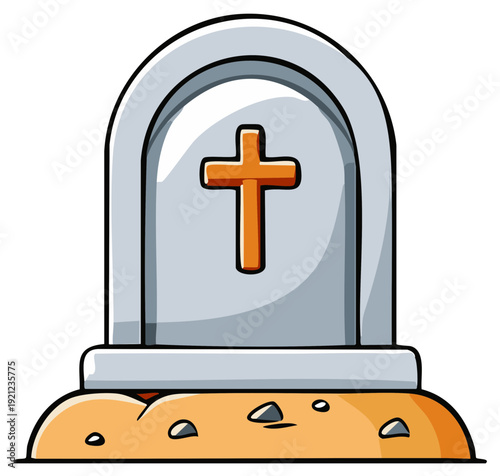 Cartoon tombstone with a cross icon, gray headstone on orange sand