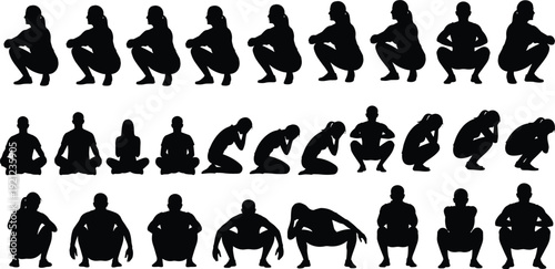 Collection of black silhouettes featuring men and women crouching and squatting in various fitness and meditative poses isolated on white background for health design