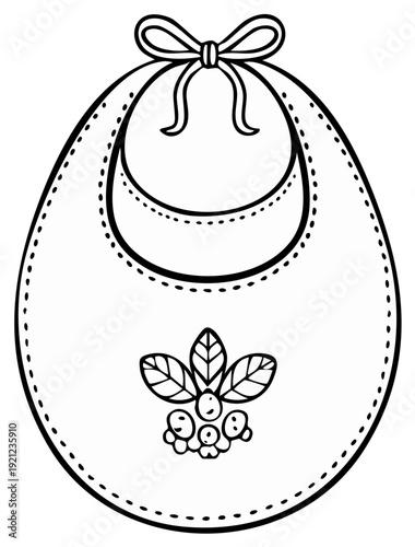 Black and white illustration of a baby bib with a bow, leaves, and berries