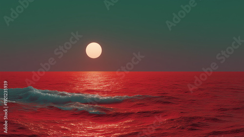 A cinematic extraterrestrial seascape featuring a vast, deep red ocean with small white waves under a dark teal sky and a glowing white sun on the horizon.