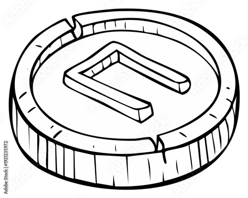 Simple Line Drawing of a Circular Coin with a Geometric Symbol