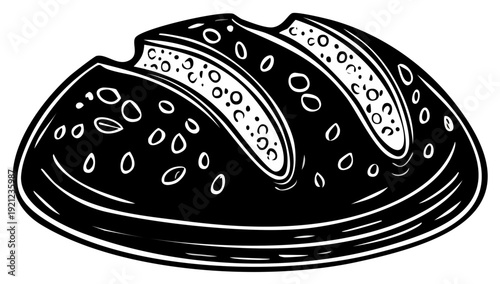 Artistic illustration of a loaf of bread, with seeds and textured details in black and white.