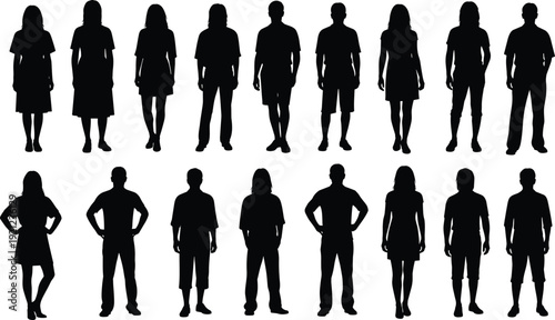 Diverse collection of black silhouettes featuring men and women in casual summer clothing standing in various poses isolated on white background for graphic design