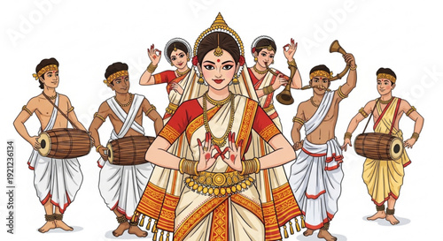 Traditional indian dancer and musicians performing bharatanatyam with musical instruments in colorful attire