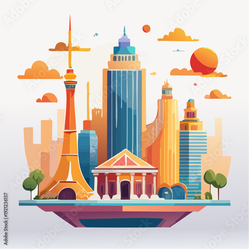 Vibrant cityscape with iconic landmarks and modern skyscrapers, showcasing urban life and architecture