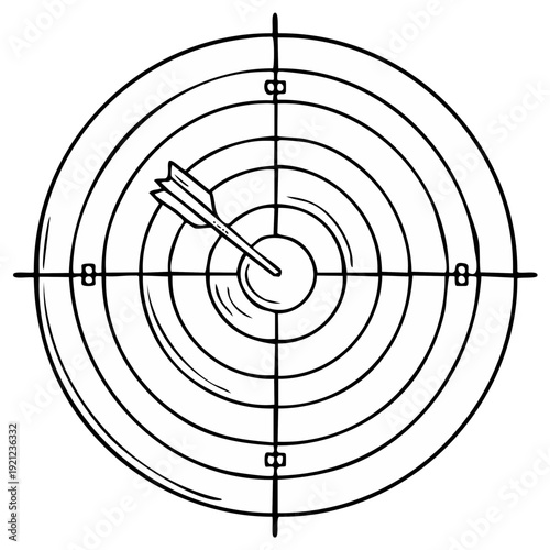 Hand drawn dart hitting bullseye on circular target board symbolizing accuracy and success