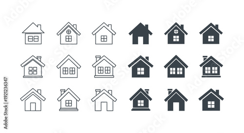 house icons vector set diverse residential property designs in outline and solid styles ideal for real estate and web ui.