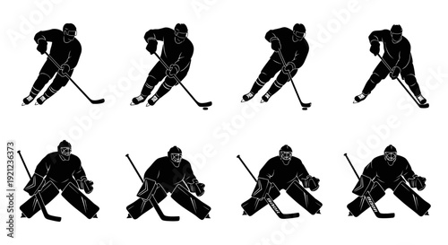 ice hockey players and goalies silhouettes in dynamic action poses perfect for sports branding graphic design elements and game development assets
