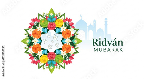 Vibrant floral mandala with mosque silhouette and ridvan mubarak text on white background