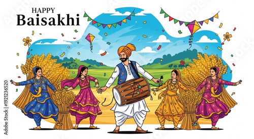 Vibrant baisakhi celebration with traditional indian dancers and musician in a field