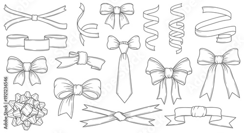 line art bows and ribbons collection hand drawn vector elements for celebration gift wrapping and holiday design projects.