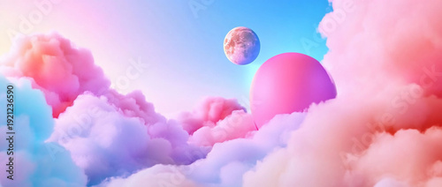 A surreal landscape featuring colorful clouds and a distant planet.