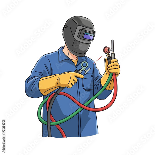 Welder holding oxy-acetylene torch, wearing protective gear, illustration