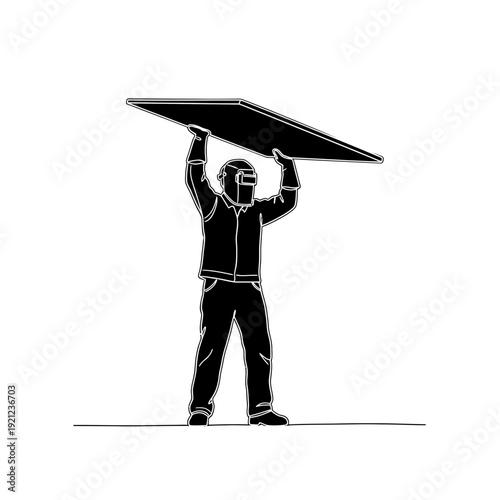 Welder holding metal sheet overhead, industrial worker illustration