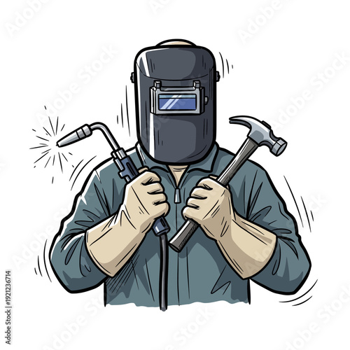 Welder holding welding torch and hammer, skilled worker illustration