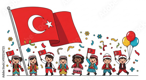 Children celebrating with turkish flags and balloons on festive occasion with confetti