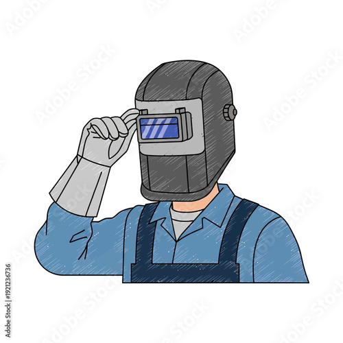 Welder in protective gear adjusting helmet