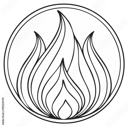 Illustration of a stylized flame graphic inside a circle, line art.