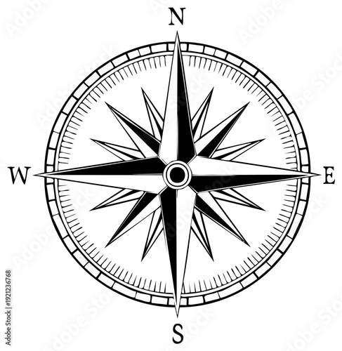 Traditional Black and White Compass Rose Navigational Tool Symbol Nautical Direction Finder Indicator
