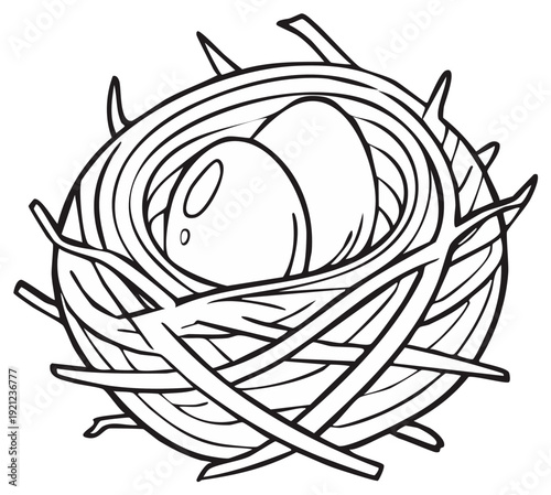 Illustration of a Bird Nest with Eggs - Black and White Vector Graphics