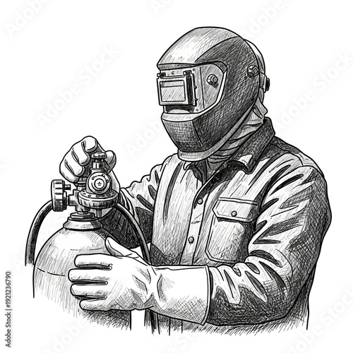 Welder in protective gear with gas cylinder, sketch.