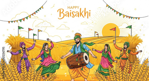 Vibrant baisakhi celebration with dancers in wheat field at sunset festive flags and decorations